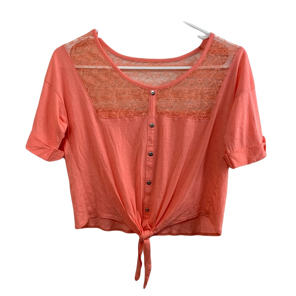 Color Story Womens Peach Lace Short Sleeve Tie Front Crop Top Size Small